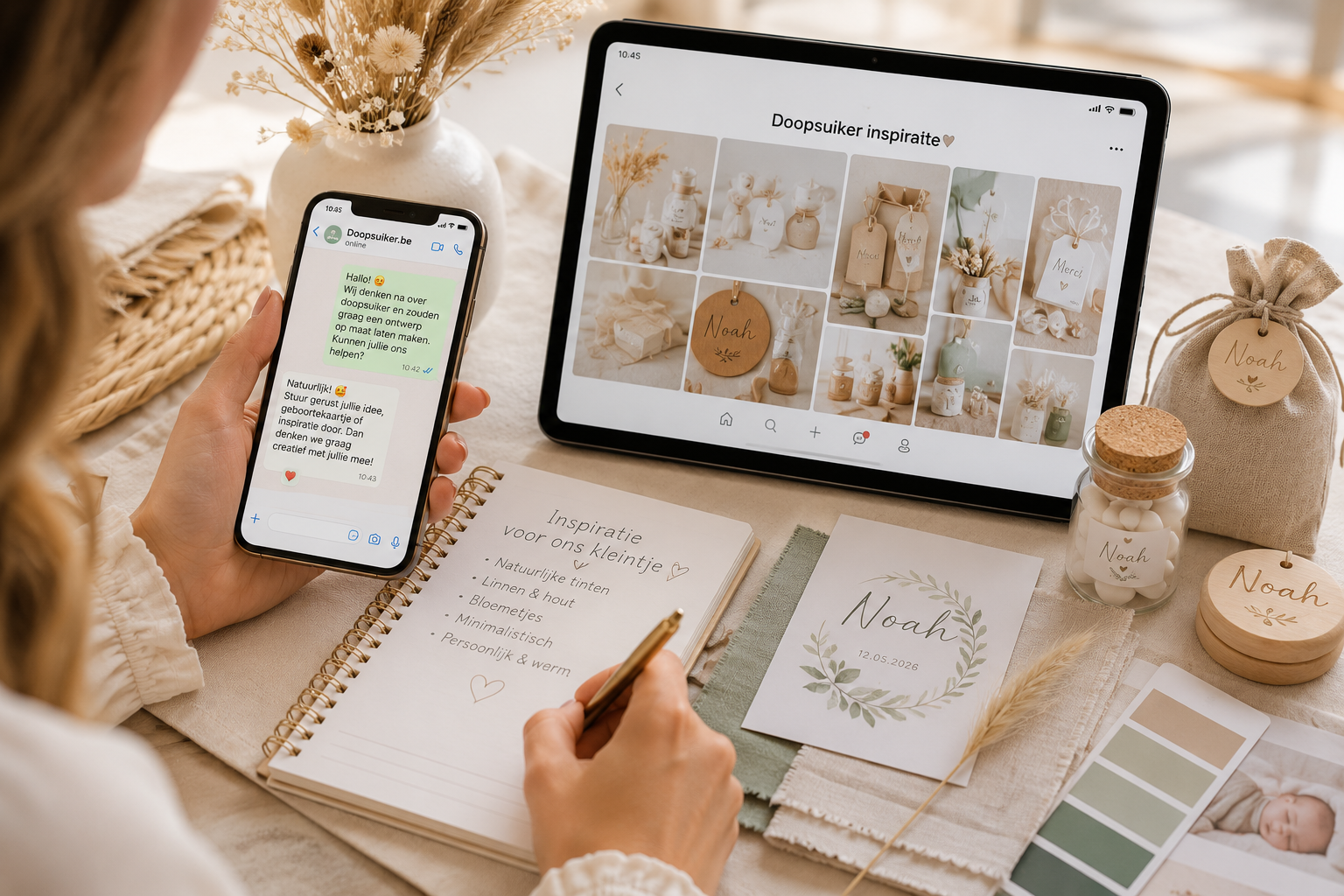 Ouders delen inspiratie, geboortekaartje en Pinterestvoorbeelden voor een doopsuikerontwerp op maat