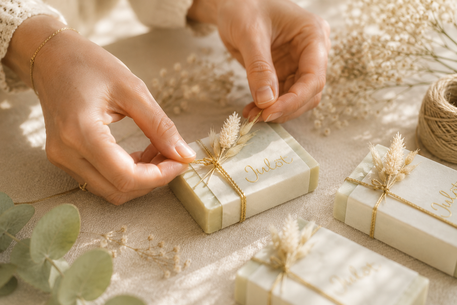 Afwerking van gepersonaliseerde doopsuiker met droogbloemen, labels en stijlvolle details