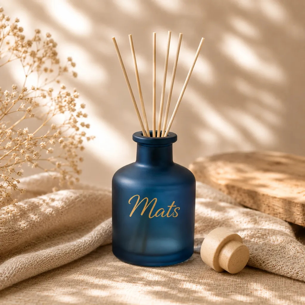 Geurflesje-Marineblauw-met-naamopdruk-en-geurstokjes.webp