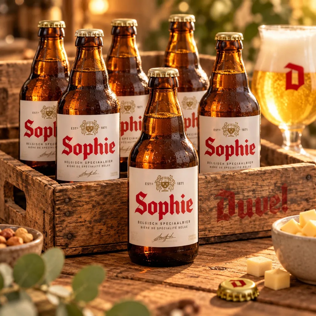 Gepersonaliseerde bieretiketten in Duvel-stijl met naam Sophie op bierflesjes