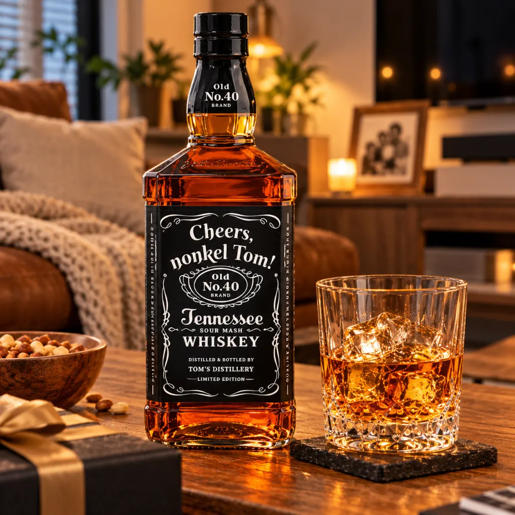 Whisky-etiket met tekst Cheers nonkel Tom als persoonlijk cadeau