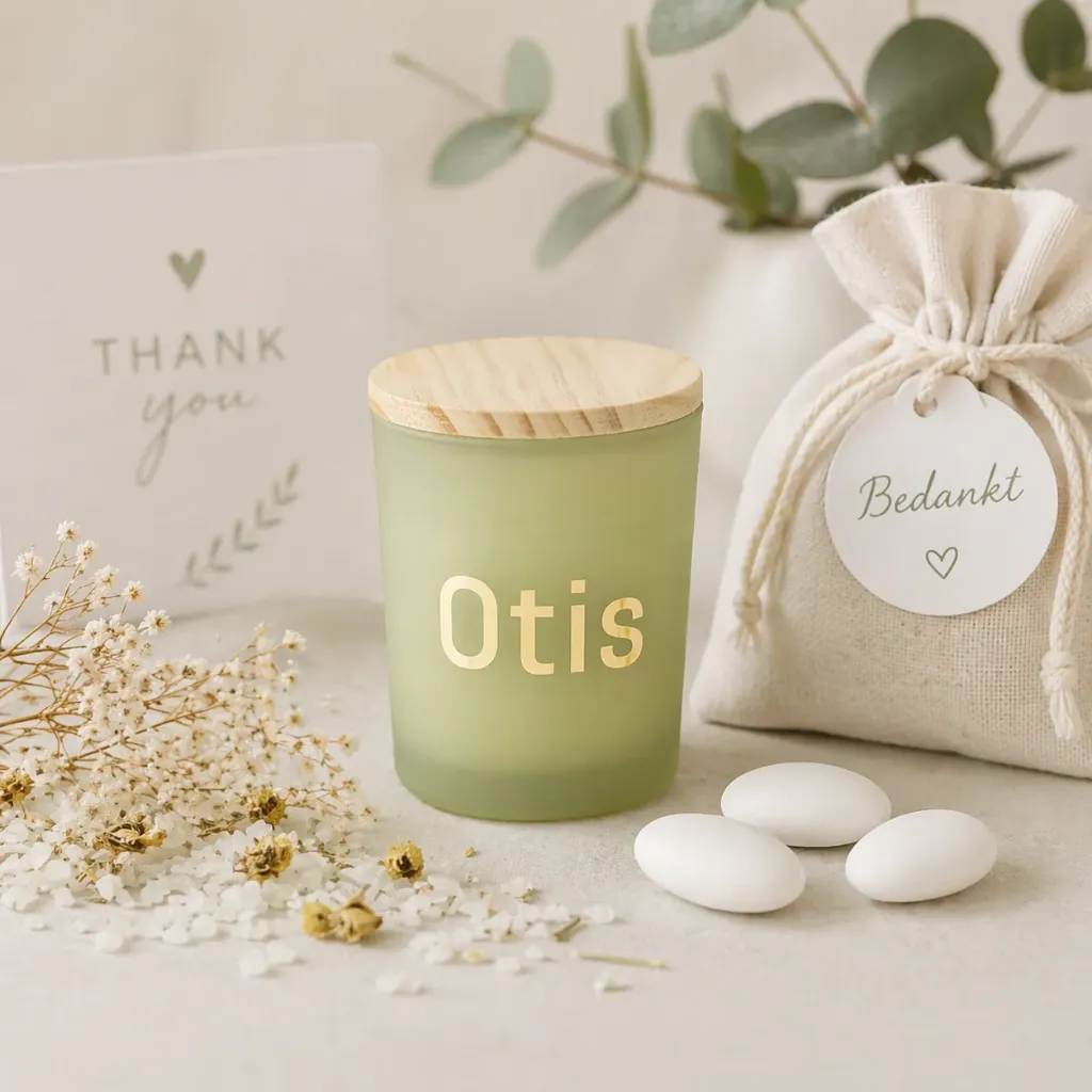 Zijdegroen geurkaarsje met houten dekseltje – set van 12