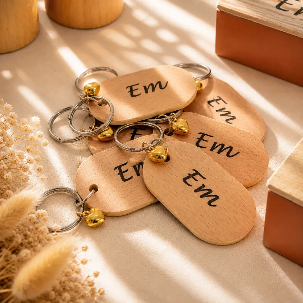 Houten sleutelhanger met hartje – set van 12 (gepersonaliseerd)
